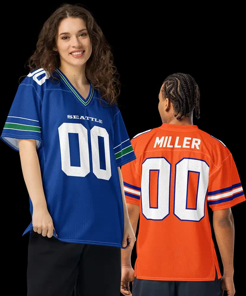 Two people wearing custom football jerseys: a royal blue Seattle jersey with number 00, and an orange jersey with MILLER and 00 on the back
